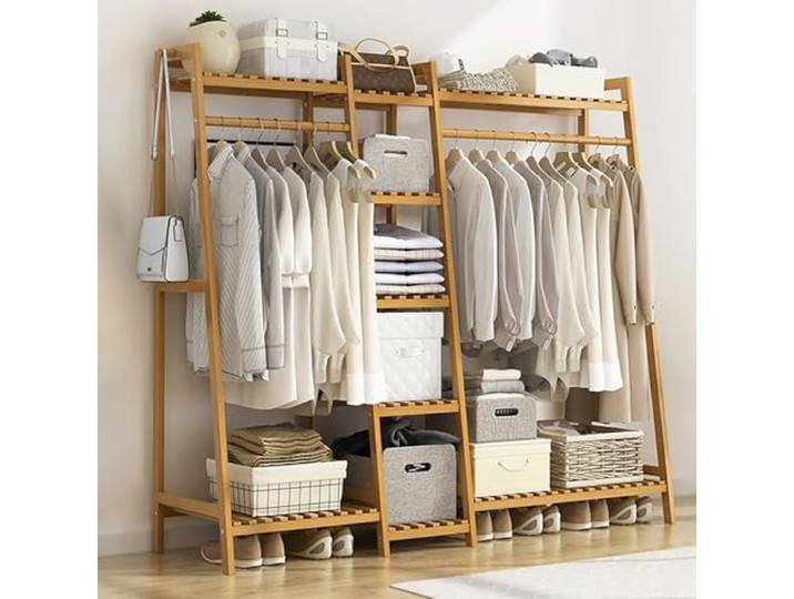 angroups Schwerlast Kleiderständer aus Bambus, 3 in 1 Freistehender Garderobenständer mit 9 Regal und 2 Kleiderstange, Wohnzimmer Flur 160x40x140cm,bis 100kg Belastbar