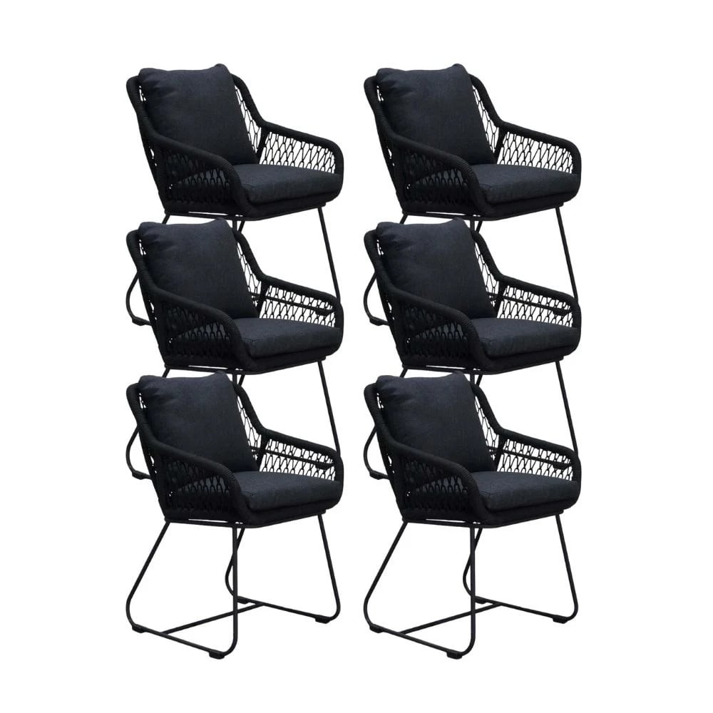 Portofino dining tuinstoel set van 6 met touw en RVS in zwart