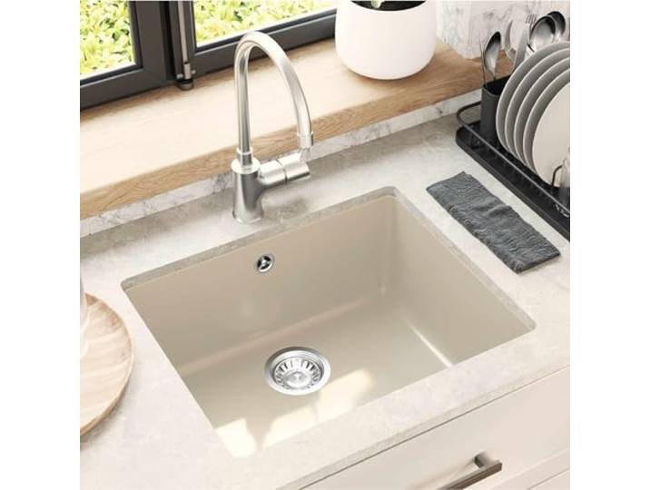 KGTKGTYER Küchenspüle 530 x 460 mm Unterbau Granit Quarz Harz Beige Hitzebeständig bis 280 C, Kratzfest & fleckresistent, Inklusive Abflussfilter