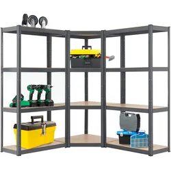 Juskys 3er Metall Regalsystem Easy, 1 Eckregal & 2 Schwerlastregale, 12 MDF Holz Böden, 960kg Grau