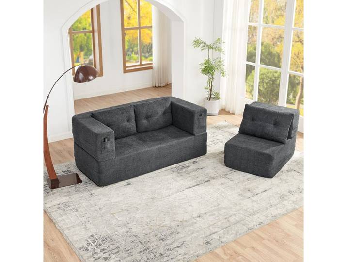 Canapé-lit 2 places gris foncé convertible 2-en-1 avec fauteuil intégré