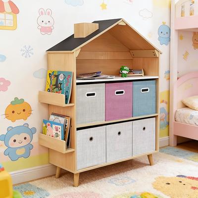 Mega Casa House-Shaped Kids Storage Cabinet with Fabric Bins, Multi-Compartment Toy & Book Organizer, Vertical Design