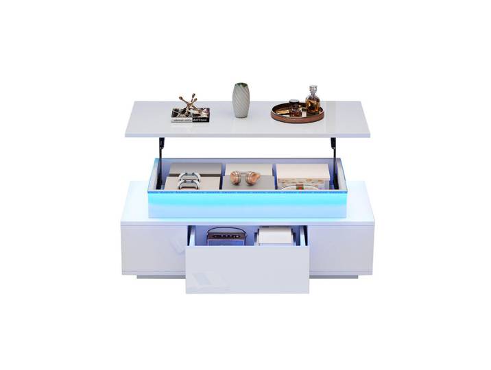 Redom Couchtisch, höhenverstellbare Tischplatte, Hochglanz Weiß mit Stauraum & Led, 96/45/40 cm,Weiß, 96x40x45 cm, Wohnzimmer, Wohnzimmertische, Couchtische