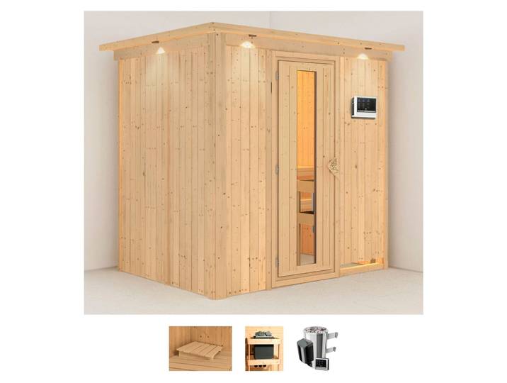 Sauna KARIBU Finja , beige (naturbelassen), Saunaofen, externe Steuerung, 3,6 kW, Saunen, Sauna, Ofen 3,6 kW externe Strg.easy