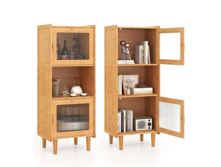 Armoire de cuisine en bambou, avec 2 portes en acrylique et compartiment ouvert, pour cuisine, salon, naturel, 49,5 x 40 x 130 cm