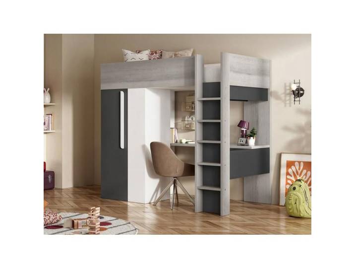 Lit mezzanine 90 x 200 cm avec armoire et bureau - Anthracite et blanc + matelas - NICOLAS II