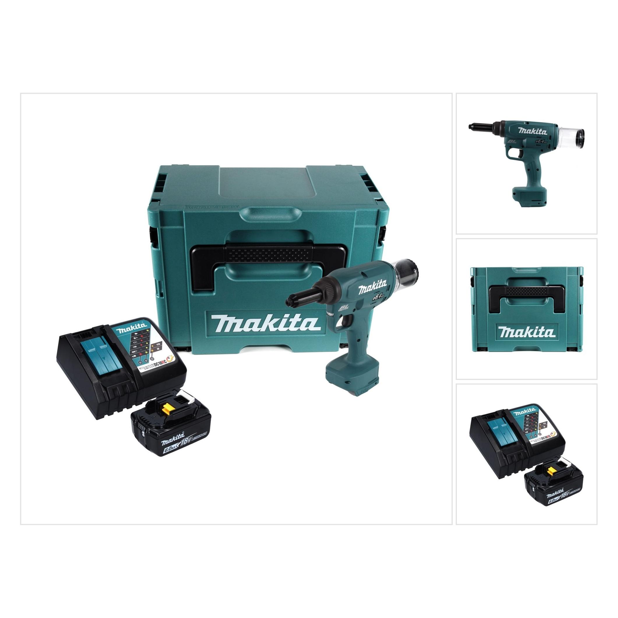Makita DRV 250 RG1J Akku Blindnietsetzgerät 18 V 20 kN Brushless + 1x Akku 6,0 Ah + Ladegerät + Makp (DRV250RG1J)