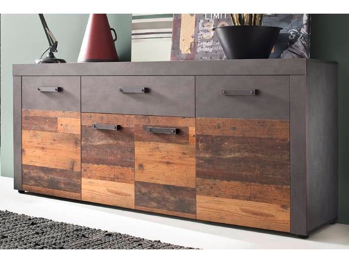 Sideboard Kommode Indy , Old Used Wood / Matera grau , 178x77 cm , Shabby Look