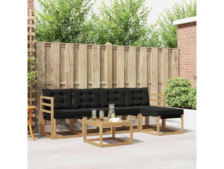 RJPLMFV Ecksofa für den Außenbereich, 6-teilig, Weiß / Schwarz Massives Akazienholz, atmungsaktives Textilene, wasserdichte Kissen, modular