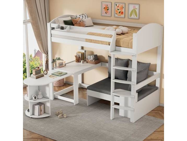 Lit mezzanine enfant - LEYTN - 90x200cm - Bois massif - Blanc - Bureau extensible