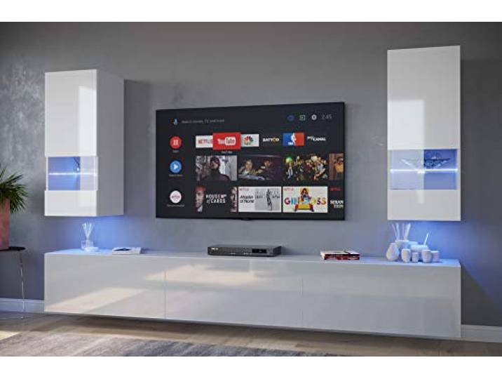 Furnitech Wohnwand Modern mit LED Weiß - hängendes Schrankgestell für Wohnzimmer (Sezana AN21-18W-HG2 1A)