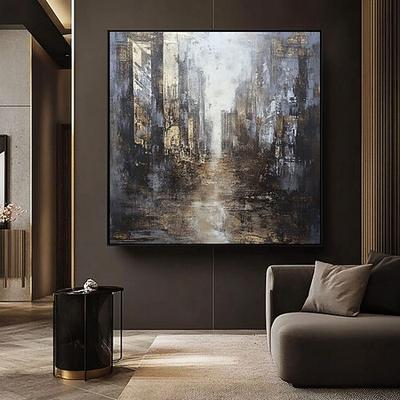 Handgemaltes Ölgemälde auf Acryl-Leinwand, quadratisch, abstrakt, architektonisch, Restaurant-Dekoration, gerollt, rahmenlos, ungespannt