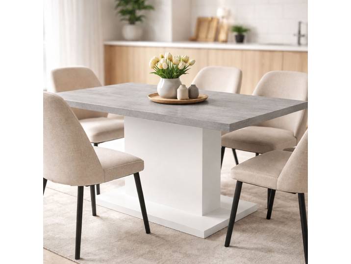 Esstisch GOODPRODUCT Atina Säulentisch, Küchentisch, Speisetisch, Dekortisch , grau (weiß, beton, beton), B:138cm H:74cm T:80cm, Tische, Esstisch, Moderner Esstisch für 4-6 Personen, erhältlich in Trend-Dekoren