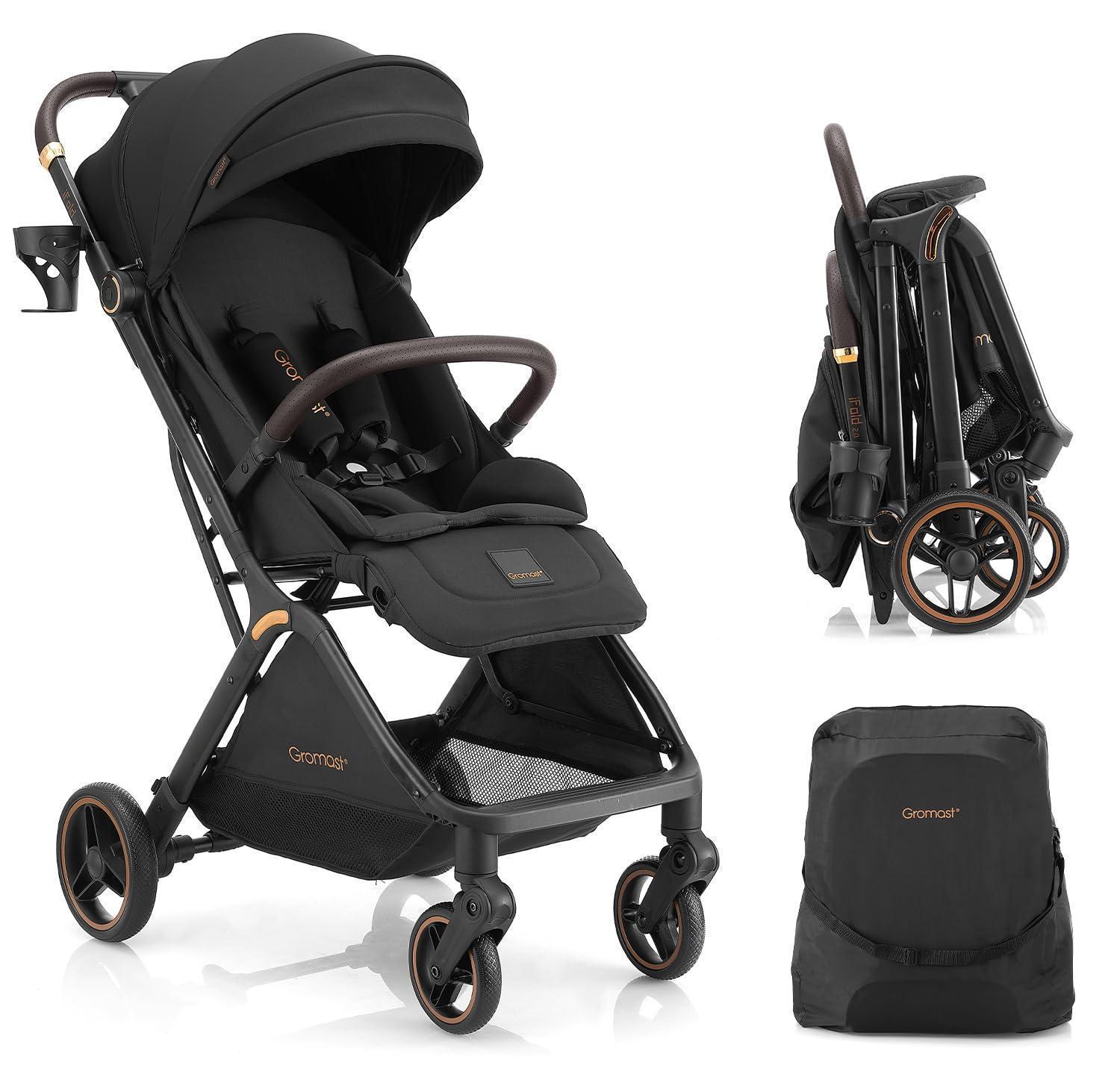 Baby-Kinderwagen faltbar, Reise-Kleinkindbuggy mit verstellbarer Rückenlehne, Sonnendach, leicht, UV-geschützt, einhändig automatisch zusammenklappbar, Schwarz