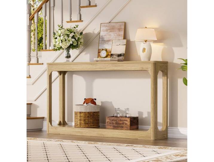 WOVREO table console 140 cm à 2 niveaux avec étagère ouverte MDF aspect bois naturel
