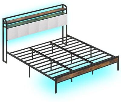 Costway Twin/Full/Queen/King Size Bed Frame with LED Light and Charging Station-King Size