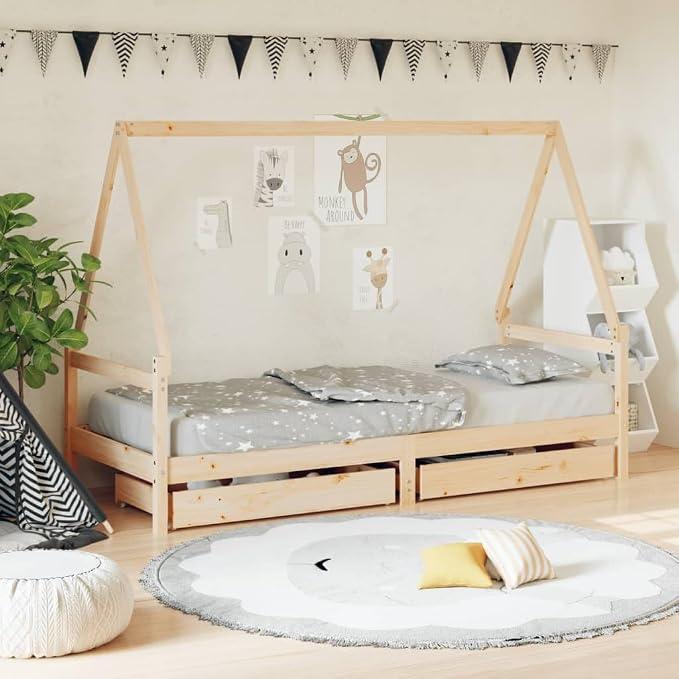 Kinderbett mit Schubladen 80x200 cm aus massivem Kiefernholz Hausbett Design mit Stauraum, niedriger Einstieg, geeignet für Kinder ab 4 Jahren