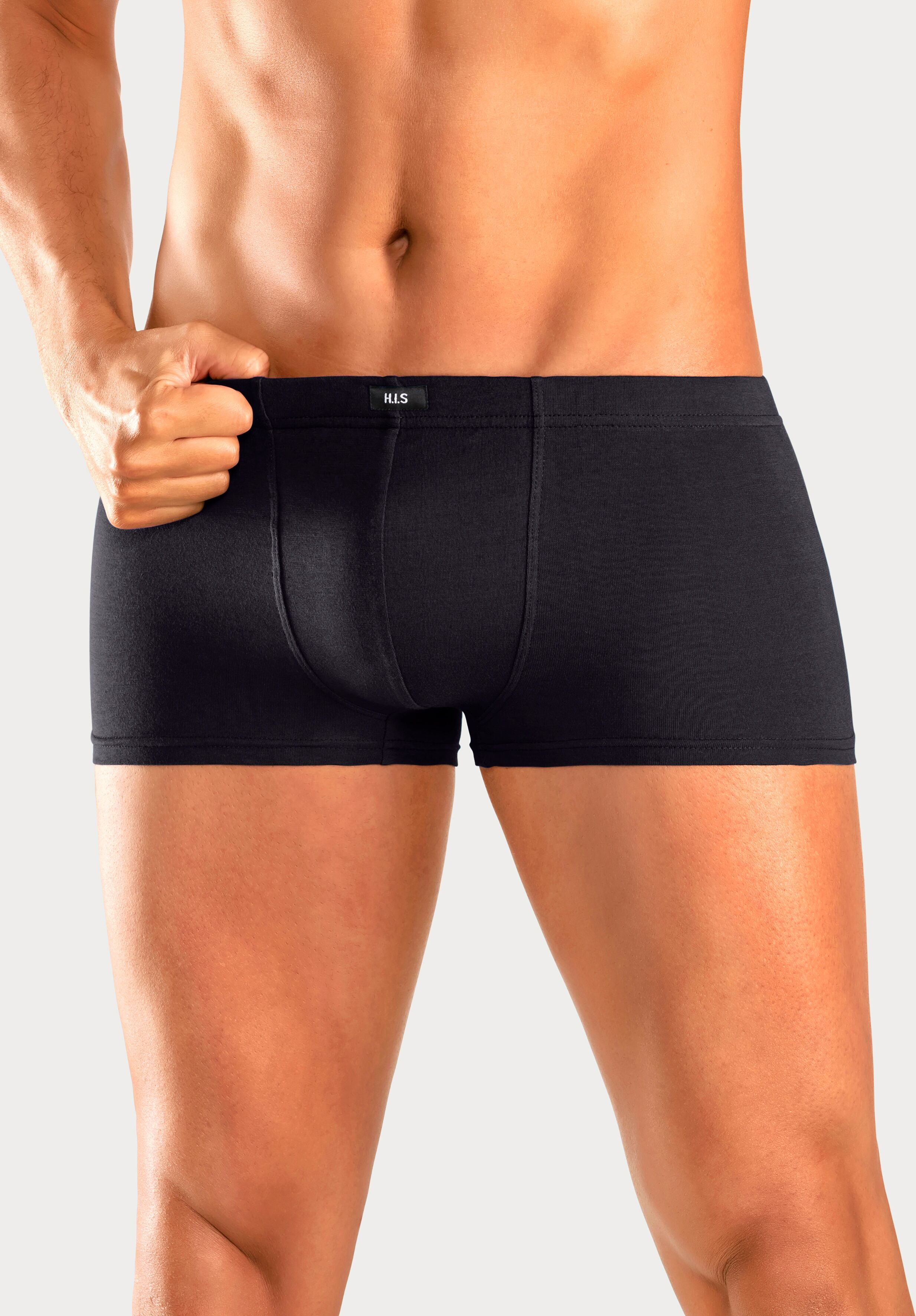 Hipster H.I.S, Herren, Gr. 6L, 5 Stk., schwarz, Jersey, Obermaterial: 95% Baumwolle, 5% Elasthan, unifarben, körpernah, Unterhosen Hipster, knapp sitzende Boxershorts aus Baumwollstretch schwarz 6L, 5 Stk.