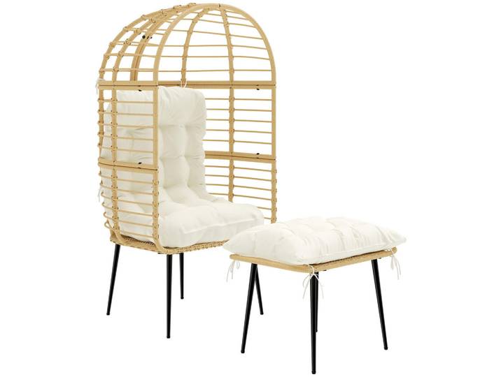 Outsunny Eiersessel PE-Rattan Stahl Beige, Metall, Füllung: Polyester,Polyester,Polyester,Polyester, 65x147x76 cm, Gartenmöbel, Gartensessel, Gartenstühle