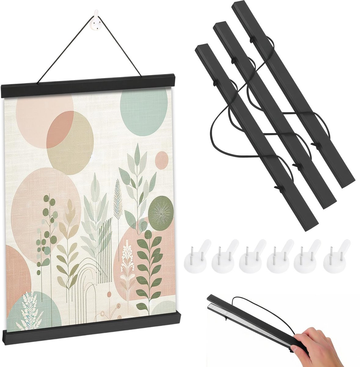 Magnetische houten posterrail met posterhanger en 6 nagelhaken, 31 cm