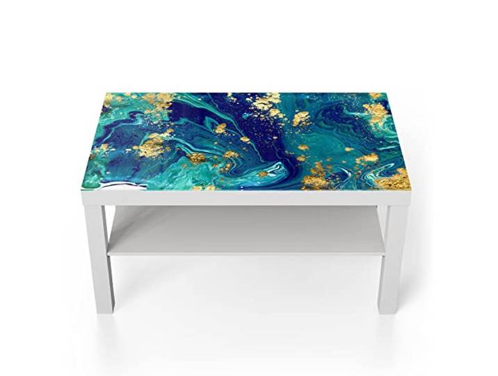 DEQORI Glastisch weiß groß 90x50 cm Motiv Marmor mit Goldakzent ausgefallener Beistelltisch aus Glas Hochglanz Couchtisch fürs Wohnzimmer moderner Couch Tisch mit Design