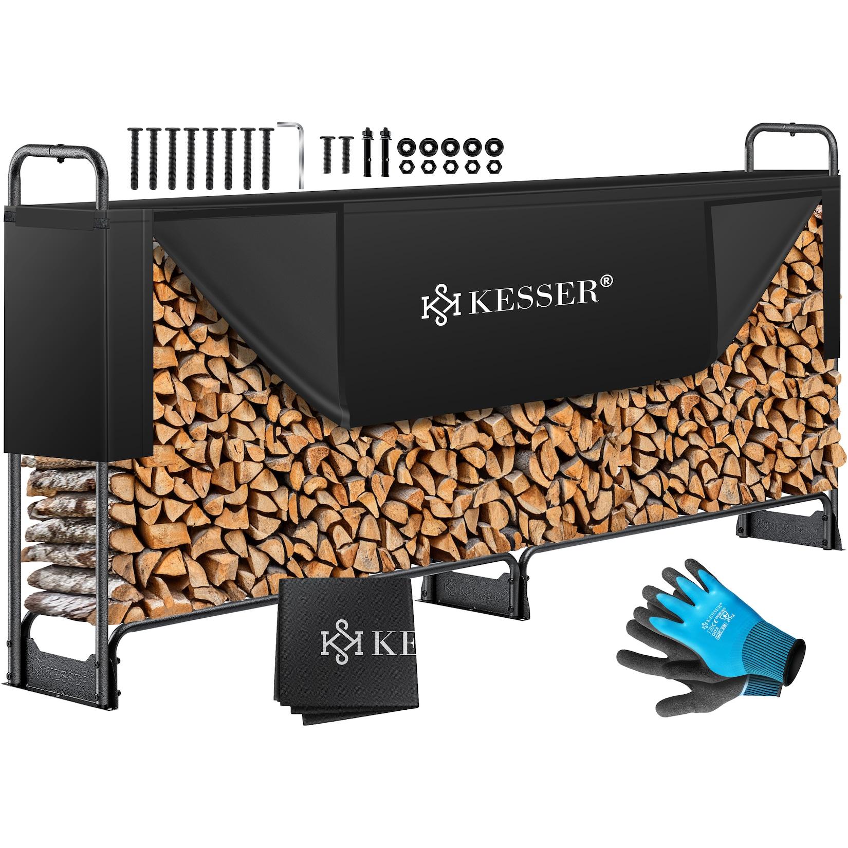KESSER® Kaminholzregal Metall Brennholzregal außen Stahlrahmen + Abdeckung & Handschuhe Kaminholzunterstand 200kg Wasserdichter Holzlager Holzstapelhilfe für Garten Terrasse