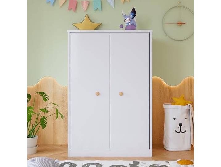 Elaimoros Kleiner Kleiderschrank mit Stange, 2-türiger Kleiderschrank, Schlafzimmer, Wohnzimmer, Kinderkleiderschrank, MDF, Weiß