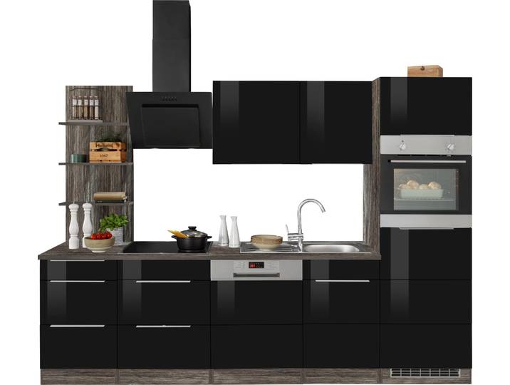 Küchenzeile, MDF, Schwarz Hochglanz & Eiche Vintage, 280×200×60 cm, Induktionskochfeld, Vintage, Kochstation