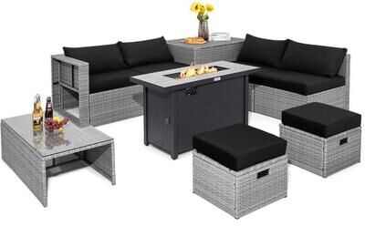 Costway 9 Pieces Patio Furniture Set with 42 Inches 60000 BTU Fire Pit-Black