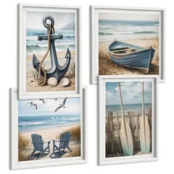 BILDER SET 4er Set - 50x50 cm & 40x60 cm Weißer Rahmen - Anker, Boot, Ruder, Strand