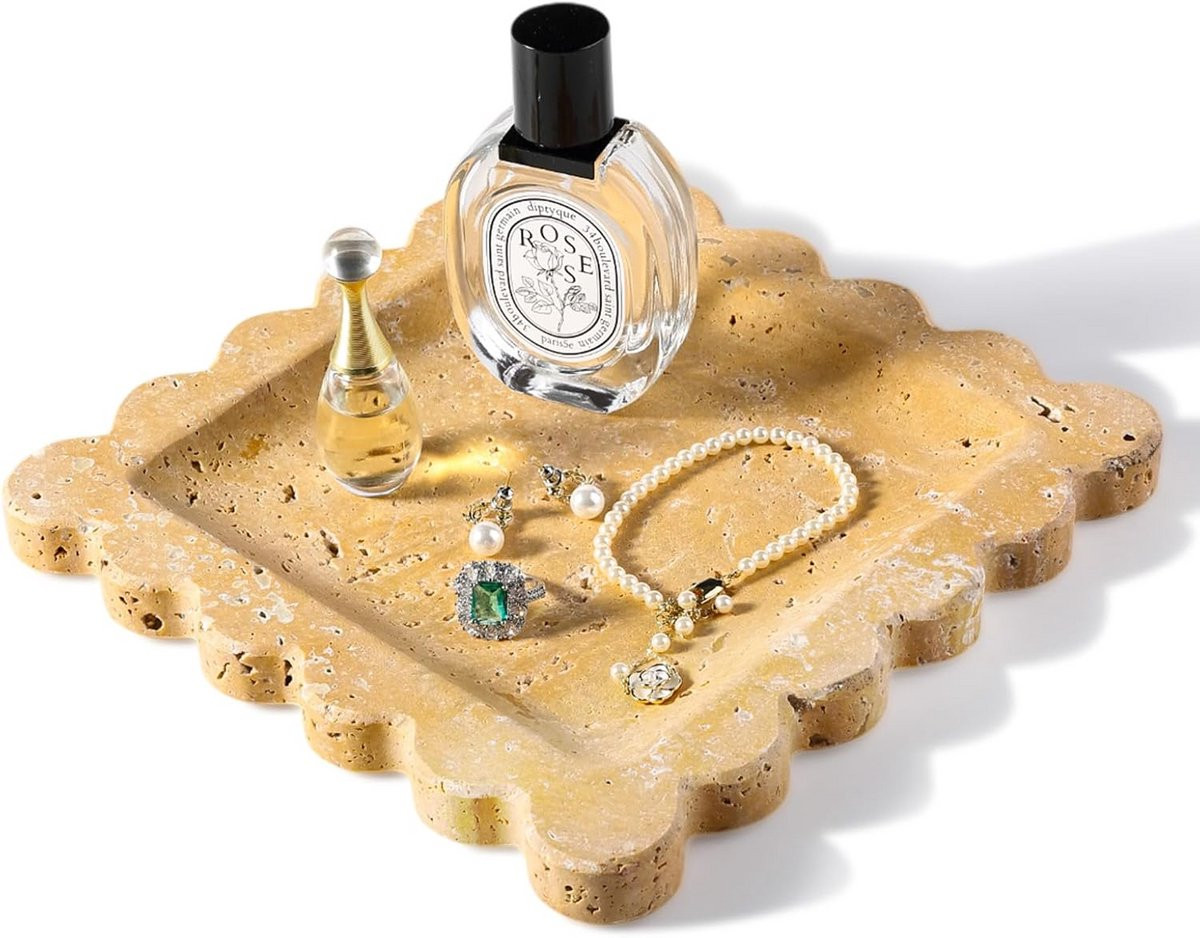 Decoratief Sieradenschaaltje van Travertijn - Vierkante Stenen Schotel voor Ringen en Kleine Items