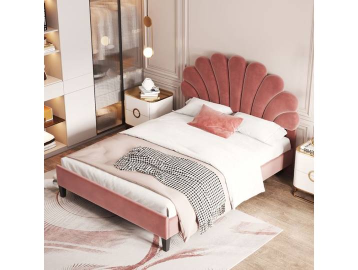 Lit Double Rembourré - PDZZZD - 140x200 cm - Tête de Lit Fleur - Tissu Velours Doux - Rouge Haricot