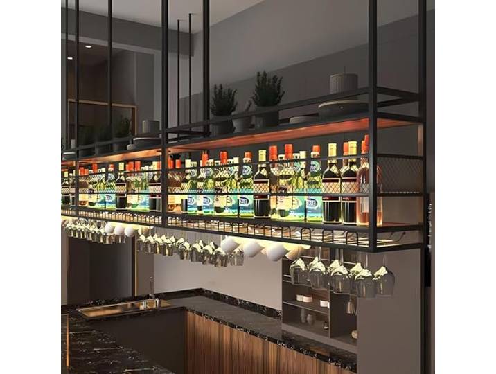 RAJYQODIS 2-lagig Industrielles Deckenregal Weinregal (Schwarz, 80cm) Hängendes Weinglasregal aus Metall, Bar-Display Weinlagerhalter, für Bar Restaurant Cafe Küche