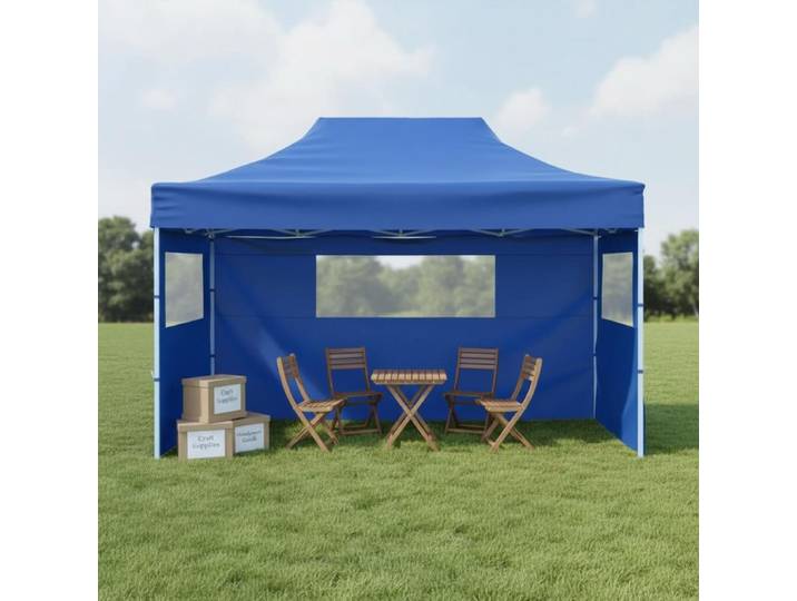 Tente pliable avec 3 parois 3x4,5 m bleue pour jardin et terrasse