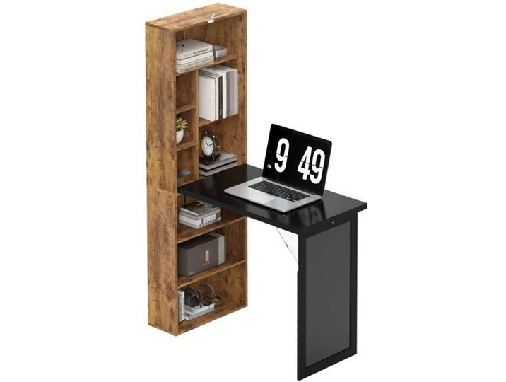 Bureau d'ordinateur pliable avec bibliothèque poste de travail tableau noir et étagère réglable 98x51x153cm marron