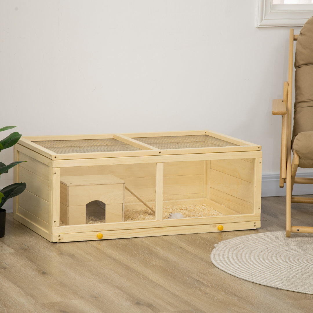 PawHut Wooden Hamster Cage with Sliding Tray Openable Top Hut Natural Wood 38cm H X 100cm W X 58cm D
