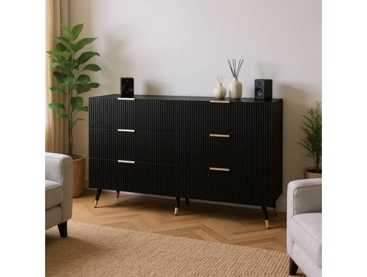 FurnitureR Black TV-Bank mit 6 Schubladen, Modernes Design, Particle Board Material, Vielseitige Aufbewahrungslösung, Platzsparende Möbel
