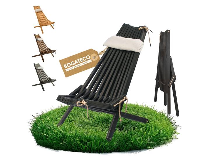 Bogateco Transat Bois Pliable Avec Coussin Imperméable Noir
