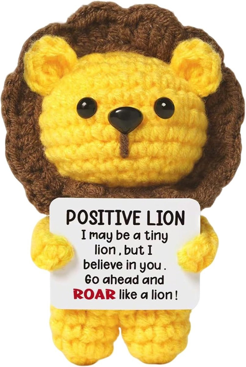 Positieve Gehaakte Leeuw met Energiekaarten, Mini Gebreide Pop voor Thuisdecoratie en als Motivatie Cadeau