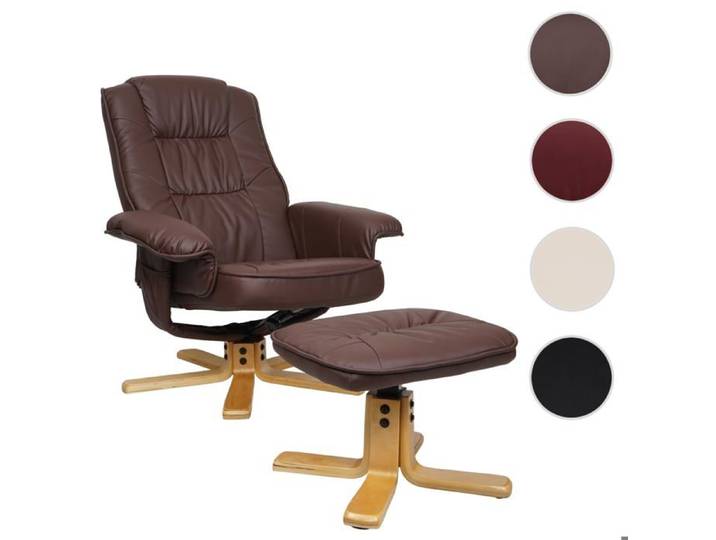 MCW Fauteuil relax M56 avec pouf similicuir bois d'eucalyptus rouge-brun