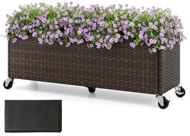 Costway Raised Garden Bed PE Rattan Wicker Patio Planter Box with Wheels and Liner