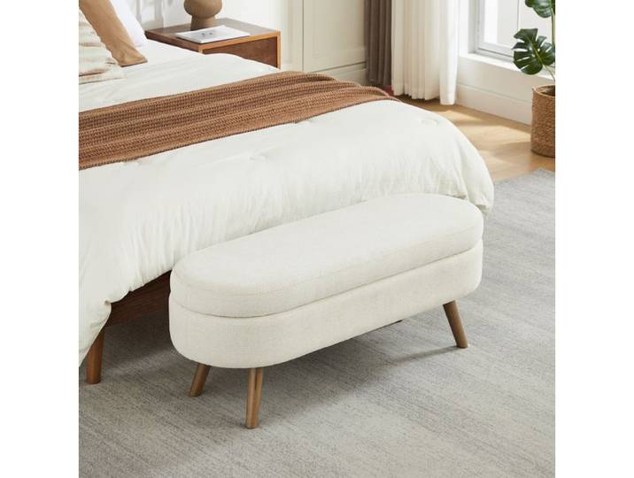 Modenuit banc de rangement 110 cm avec coffre chenille beige forme ovale