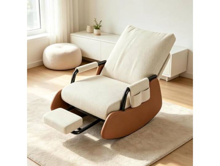 kumamart Gemütlicher Schaukelsessel mit Breiter 60cm Sitzfläche Kompakter Loungesessel mit herausziehbarer Fußstütze und weichen Armlehnen für Schlafzimmer.