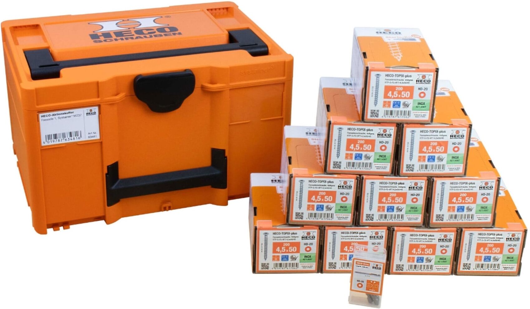 HECO Aktionskoffer "Fassade 1", HT-plus Fassadenschraube A2 4,5 x 50, Langbits HD-20 70mm, in Systainer3 M237 (63481)