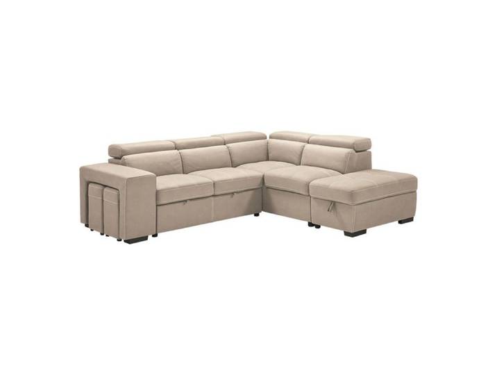 NERA - Canapé d'Angle Droit Convertible avec 2 Poufs et 1 Coffre Beige