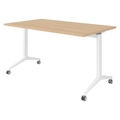 bümö Seminartisch klappbar fahrbar 140x80 cm Eiche, Gestell weiß - Klapptisch staffelbar, mit vier Doppelrollen Büro Schulungstisch