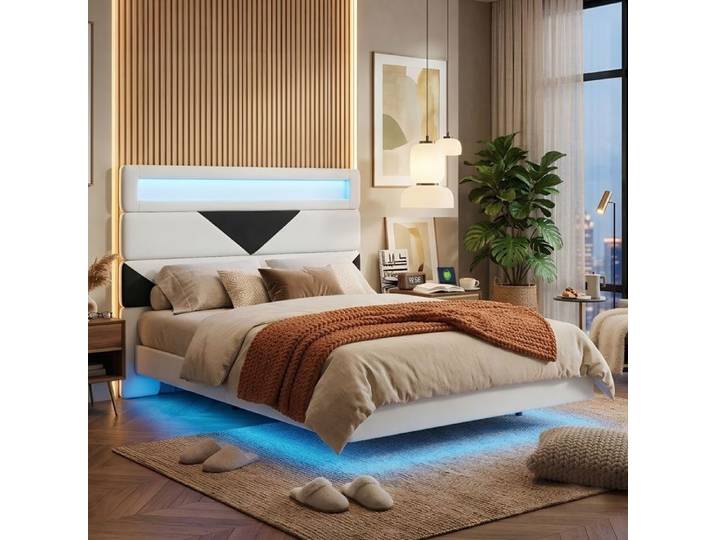 Lit Suspendu 160x200cm - Tête Modulable - Double LED RGB - Prises USB Type-C - Velours Blanc Cassé Noir