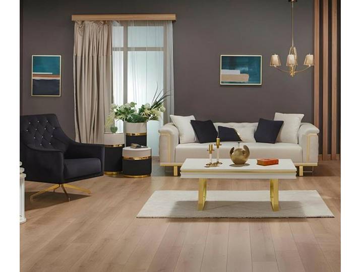 Xlmoebel Polstergarnitur Beige Polstersofa mit Holzrahmen und goldfarbener Akzentuierung, (Polstergarnitur, 2-tlg., 3-Sitzer + Sessel), Made in Europa