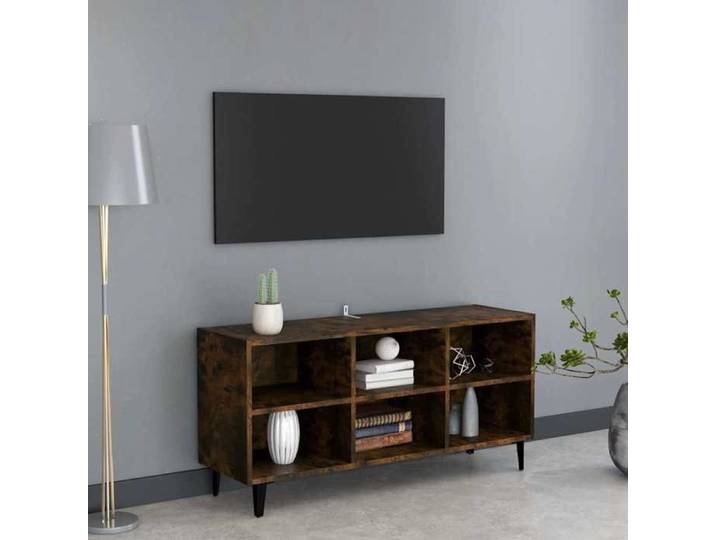 Meuble TV Chêne Fumé Pieds Métal 103x30x50cm Salon Moderne Design