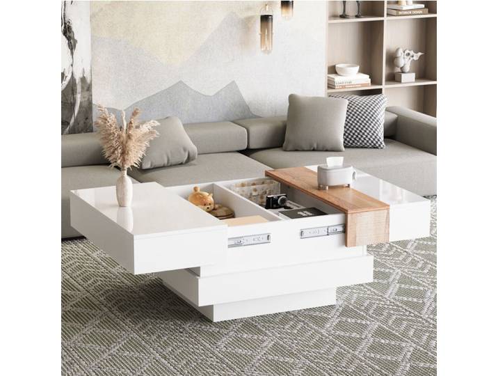 Table basse carrée extensible blanche avec rangement dissimulé
